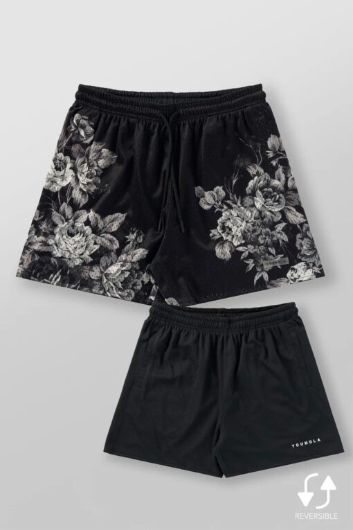 YLA 1111 - Skulls & Roses Reversible Shorts - Black Roses