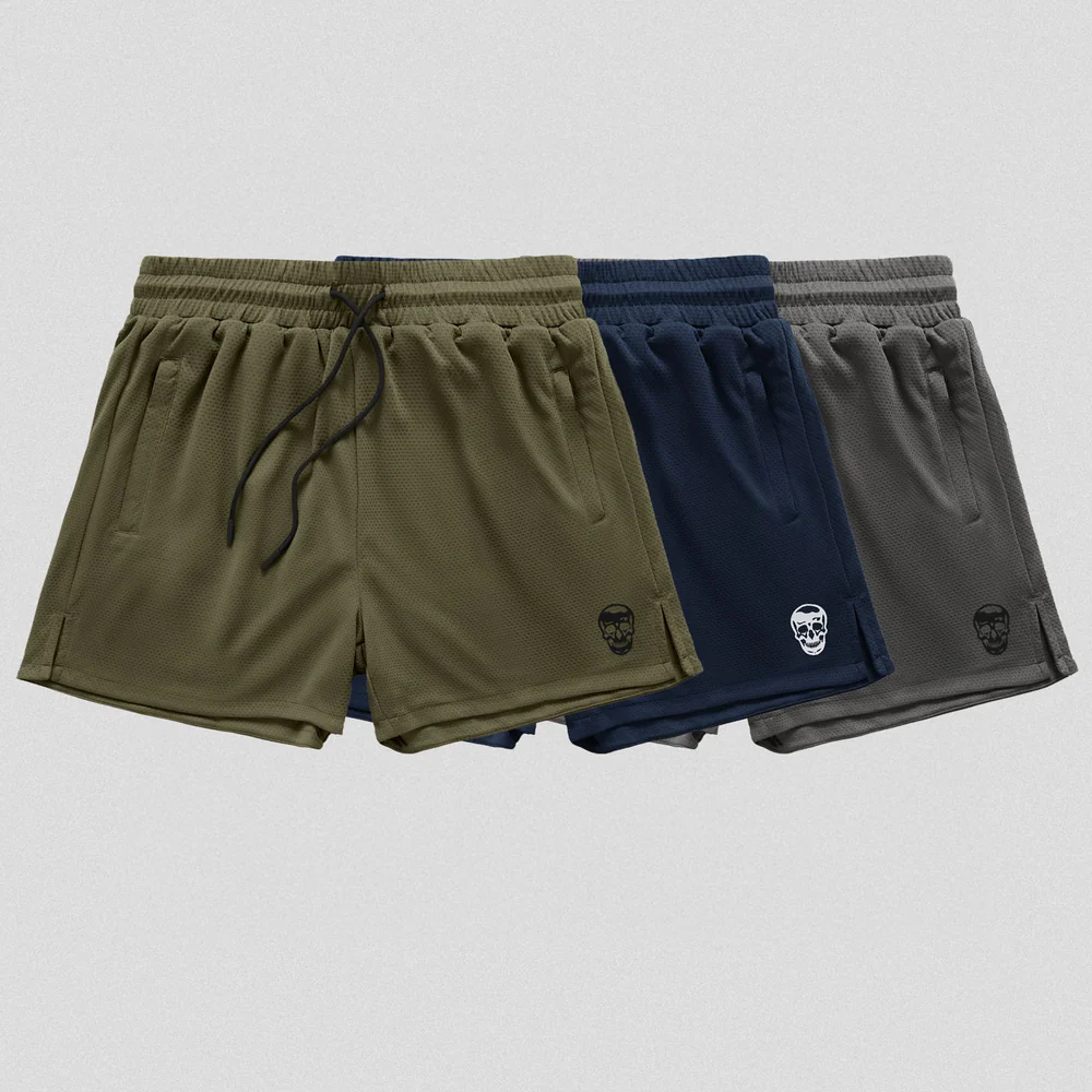 Gymreapers Core Skull Mesh Shorts - 3 Pack - Khaki Green/Navy/Storm
